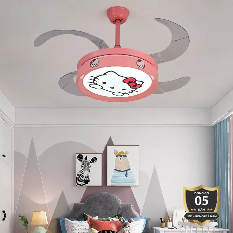Quạt trần đèn thiết kế 4 cánh màu hồng họa tiết dễ thương cho bé QT-84