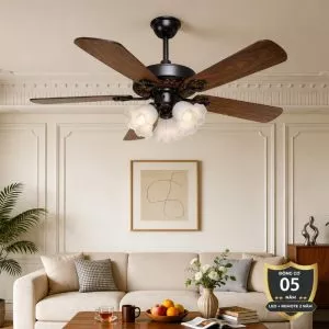 Quạt trần đèn thiết kế 5 cánh gỗ phong cách cổ điển QT-215