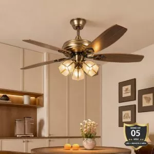 Quạt trần đèn thiết kế 5 cánh gỗ phong cách cổ điển QT-216