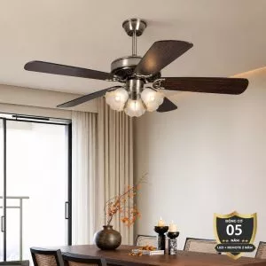 Quạt trần đèn thiết kế 5 cánh gỗ phong cách cổ điển QT-217