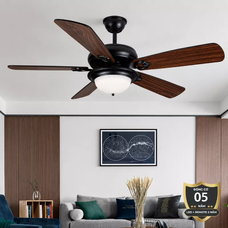 Quạt trần đèn thiết kế 5 cánh gỗ phong cách cổ điển QT-228