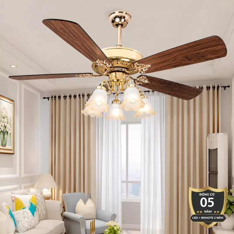 Quạt trần đèn thiết kế 5 cánh gỗ phong cách cổ điển QT-231