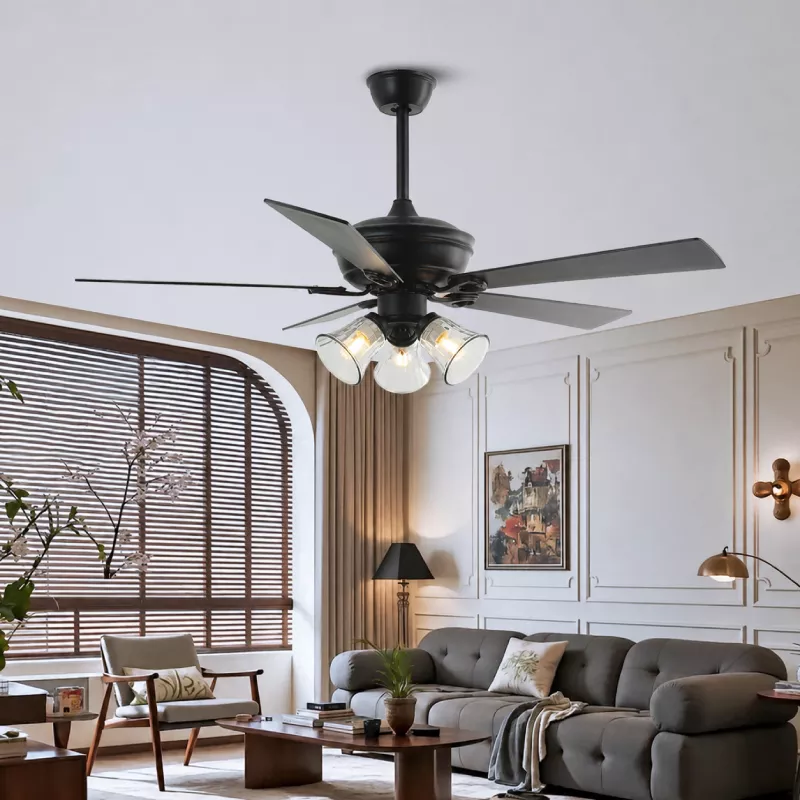 Quạt trần đèn thiết kế 5 cánh gỗ, phong cách cổ điển QT-44