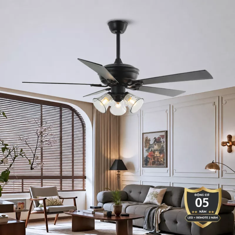 Quạt trần đèn thiết kế 5 cánh gỗ, phong cách cổ điển QT-44