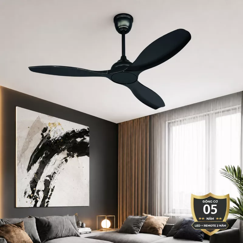 Quạt trần thiết kế 3 cánh đen, dáng uốn lượn nghệ thuật QT-72
