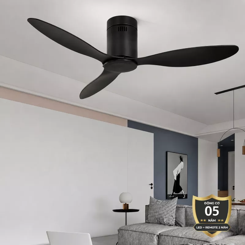 Quạt trần thiết kế 3 cánh màu đen tối giản, hiện đại QT-106