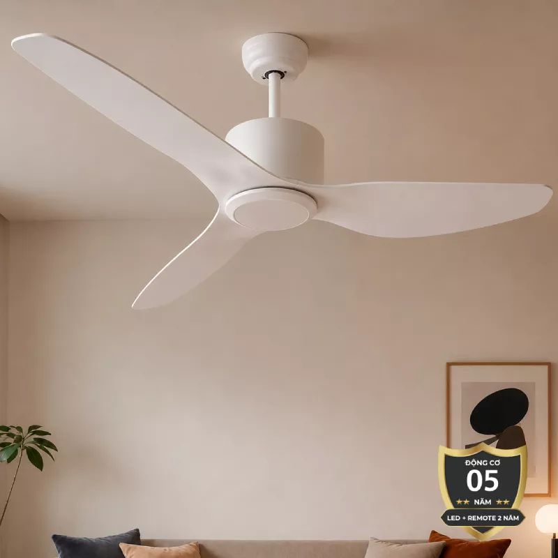 Quạt trần thiết kế 3 cánh màu trắng tối giản, hiện đại QT-109