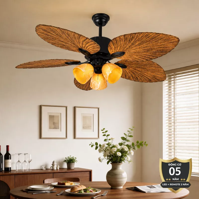 Quạt trần đèn 5 cánh thiết kế hình lá phong cách cổ điển QT-255