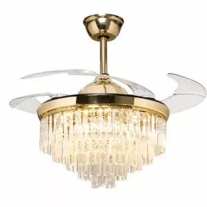 Quạt trần đèn, cánh xếp, phối khung pha lê cao cấp QT-279