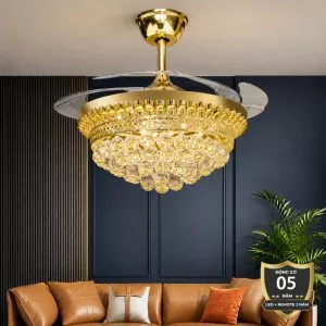 Quạt trần đèn, cánh xếp, phối khung pha lê cao cấp QT-280