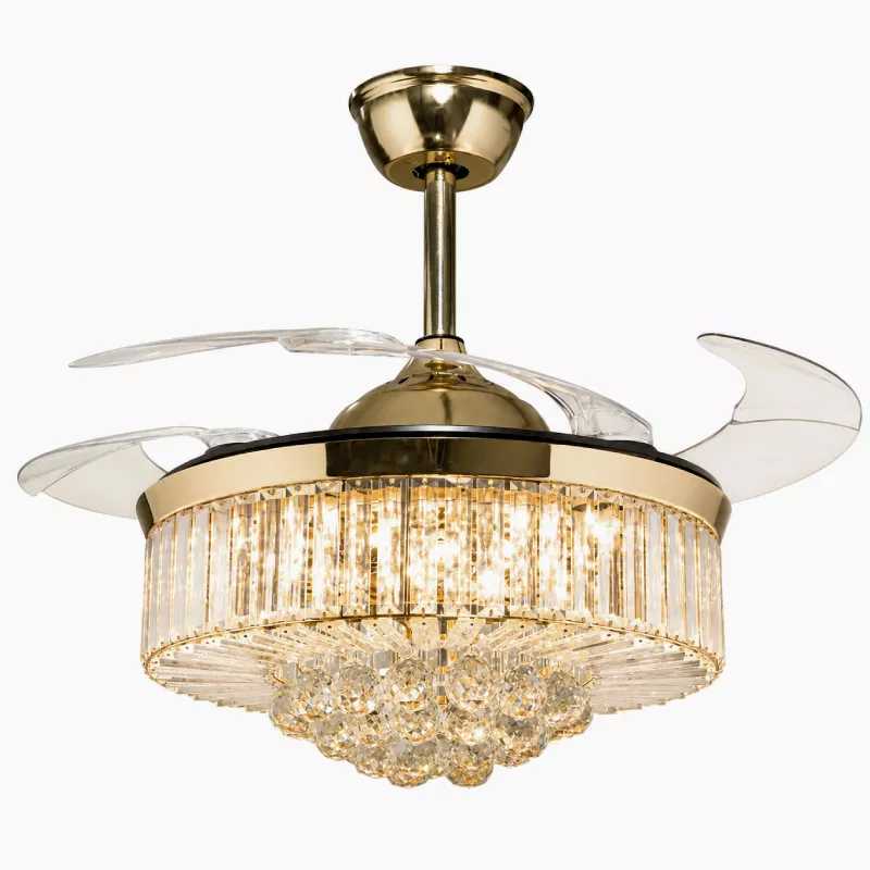 Quạt trần đèn, cánh xếp, phối khung pha lê cao cấp QT-281 - Hình ảnh 2