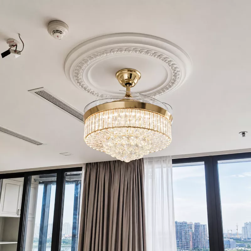 Quạt trần đèn, cánh xếp, phối khung pha lê cao cấp QT-281 - Hình ảnh 4