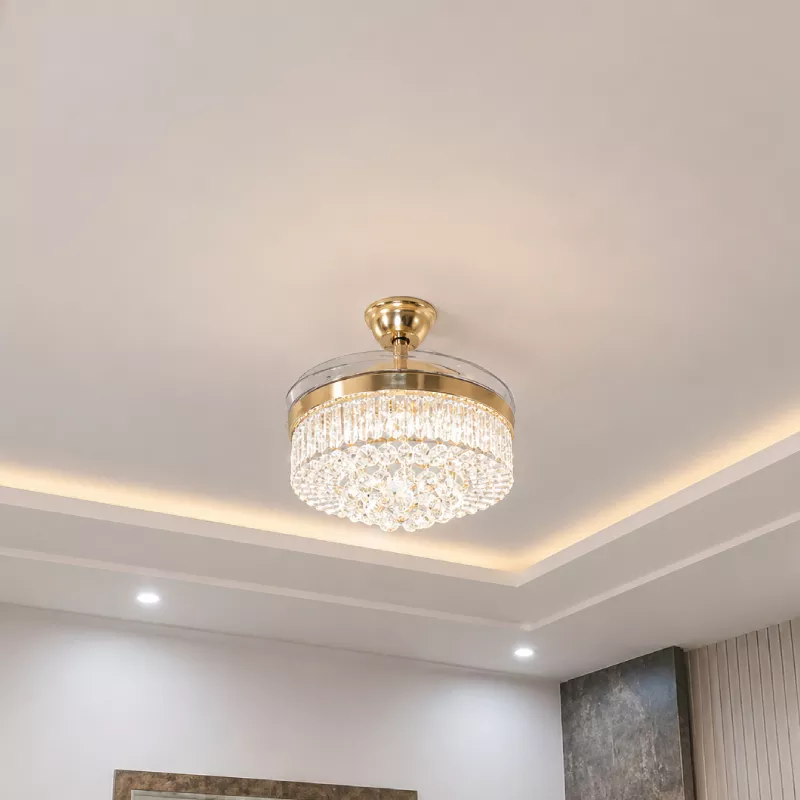 Quạt trần đèn, cánh xếp, phối khung pha lê cao cấp QT-281 - Hình ảnh 3