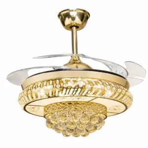 Quạt trần đèn, cánh xếp, phối khung pha lê cao cấp QT-282