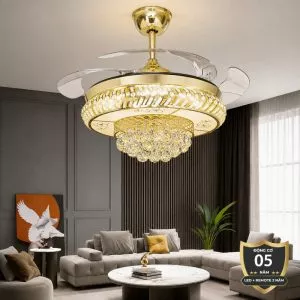 Quạt trần đèn, cánh xếp, phối khung pha lê cao cấp QT-282