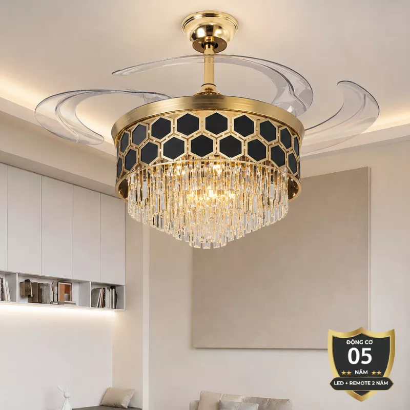 Quạt trần đèn, cánh xếp, phối khung pha lê cao cấp QT-283