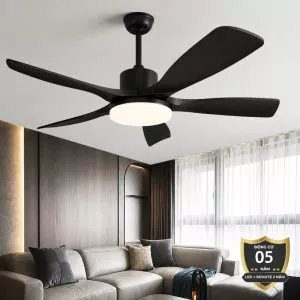 Quạt trần đèn thiết kế 5 cánh nhựa màu đen tối giản, hiện đại QT-266