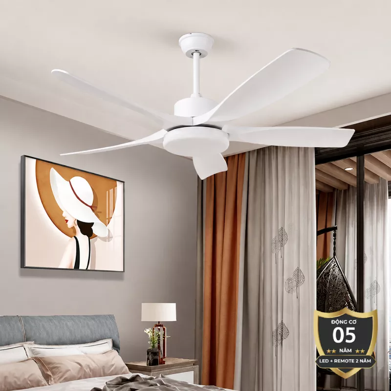 Quạt trần đèn thiết kế 5 cánh nhựa màu trắng tối giản, hiện đại QT-265