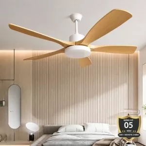 Quạt trần đèn thiết kế 5 cánh nhựa màu vàng tối giản, hiện đại QT-267